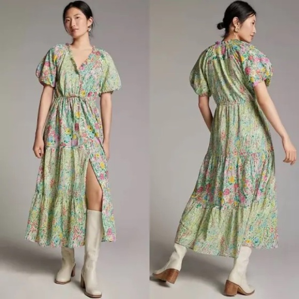 Banjanan Poppy dress In light green with multicolor flowers. Perfect for spring!